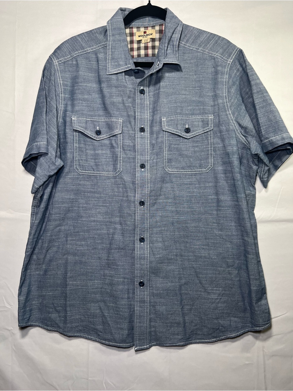 Woolrich Men’s Blue Chambray Short Sleeve Work Shirt XL 100% Cotton - Picture 2 of 9